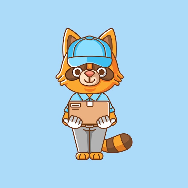 Cute raccoon courier package delivery animal chibi character mascot icon line style illustration