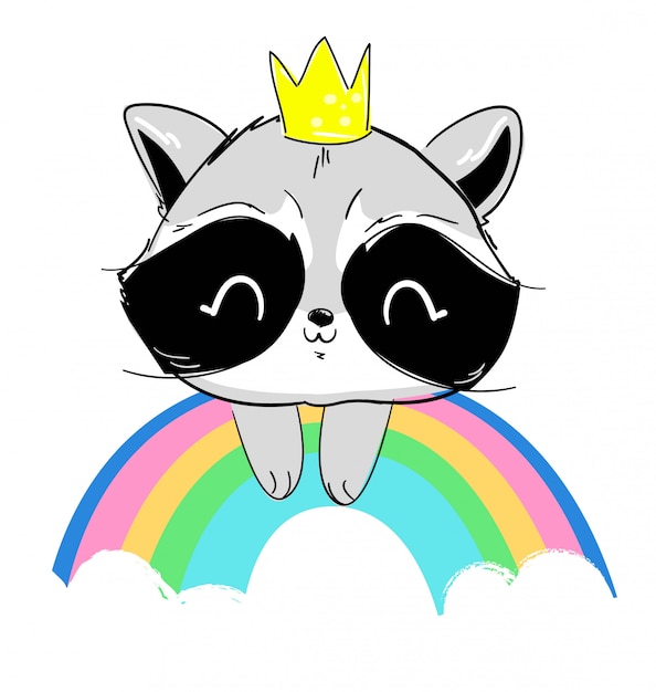 A cute raccoon in a crown sits on a rainbow.