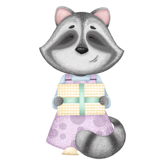 Vector cute raccoon in dress and with gift children 's illustration