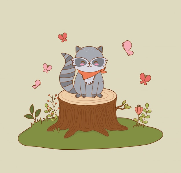 Cute raccoon in the field woodland character