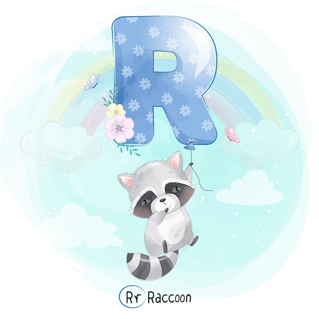 Cute Raccoon flying with alphabet-R balloon