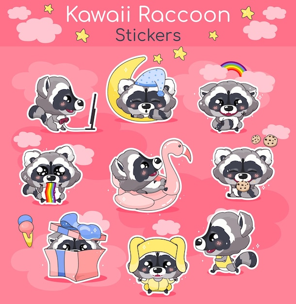 Cute raccoon kawaii cartoon characters set. Adorable and funny smiling animal isolated stickers, patches, kids book illustrations pack. Anime baby little raccoon emojis on pink background