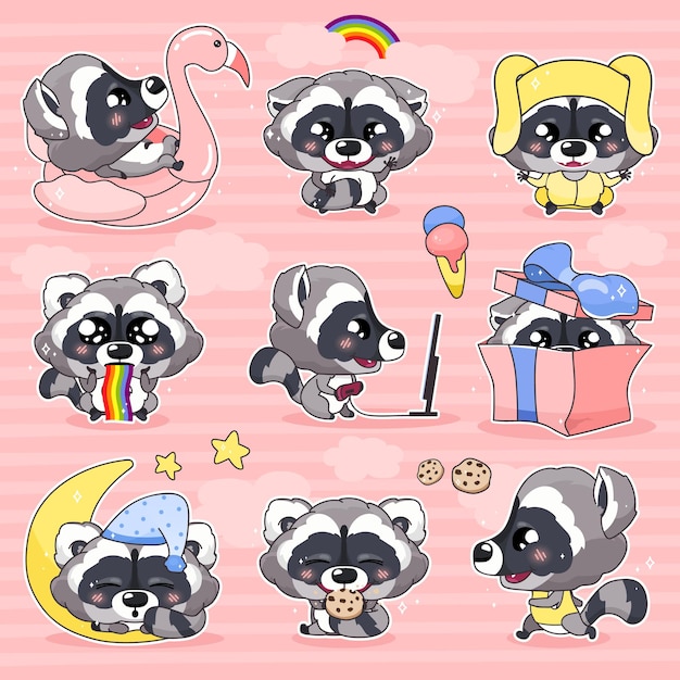 Cute raccoon kawaii cartoon vector characters set. Adorable and funny smiling animal isolated stickers