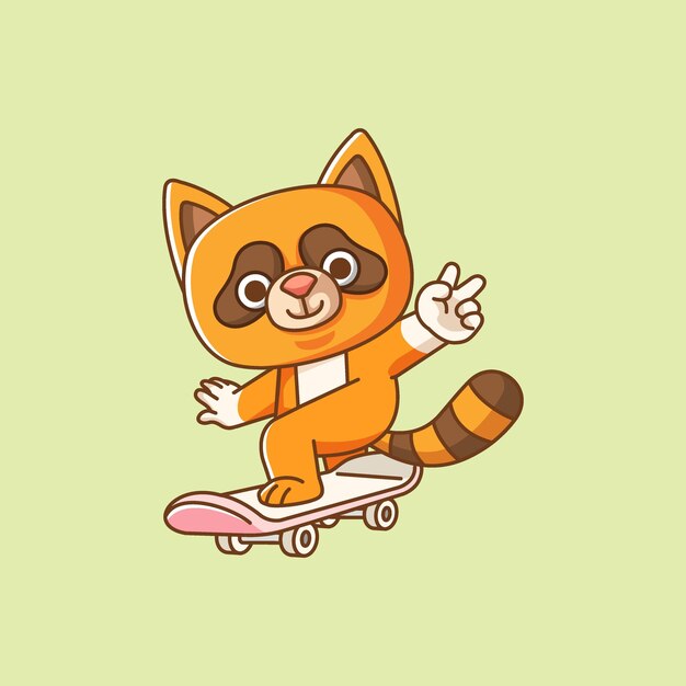 Vector cute raccoon playing slide skateboard animal kawaii chibi character mascot illustration outline