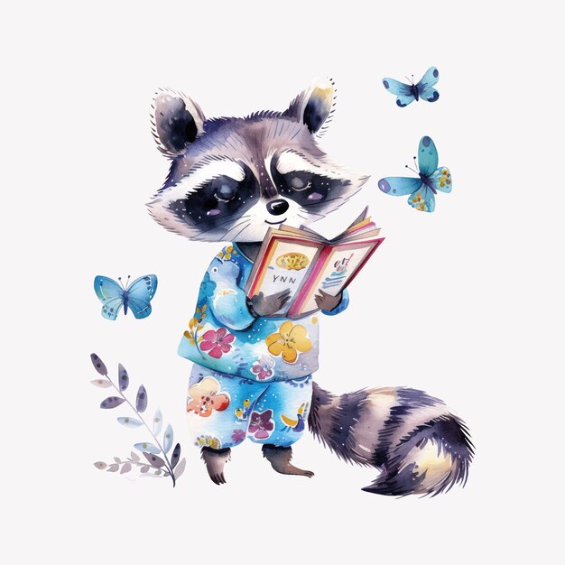 Vector cute raccoon reading book