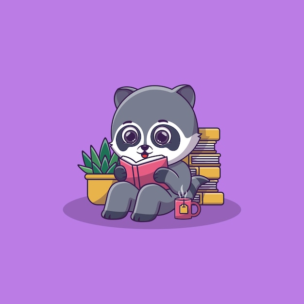 Cute raccoon sitting while reading book