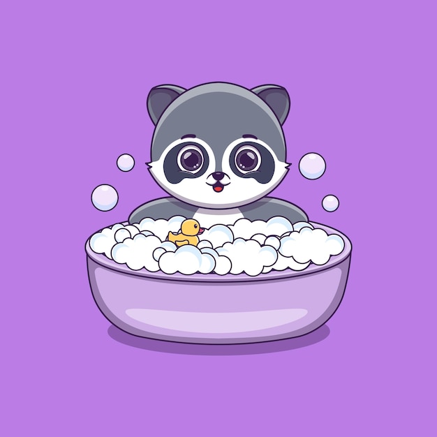 Cute raccoon taking bath with duck toy and bubbles