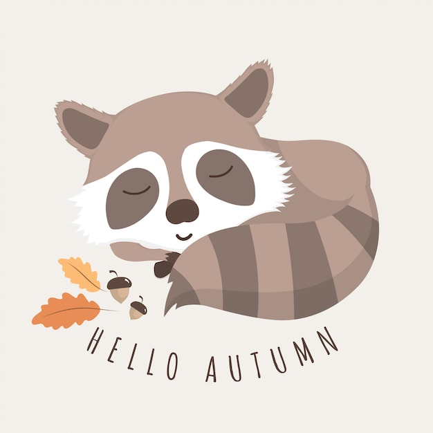 Cute raccoon with autumn leaves and oak.