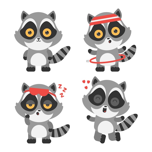 Cute raccoons vector cartoon characters set isolated on a white background