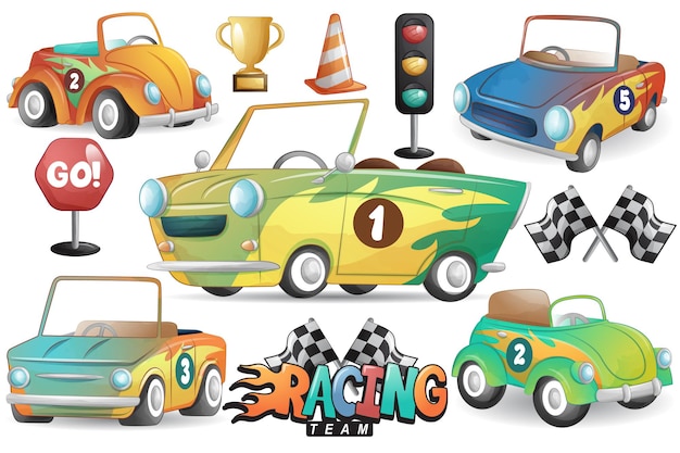 Cute racing car with watercolor illustration set