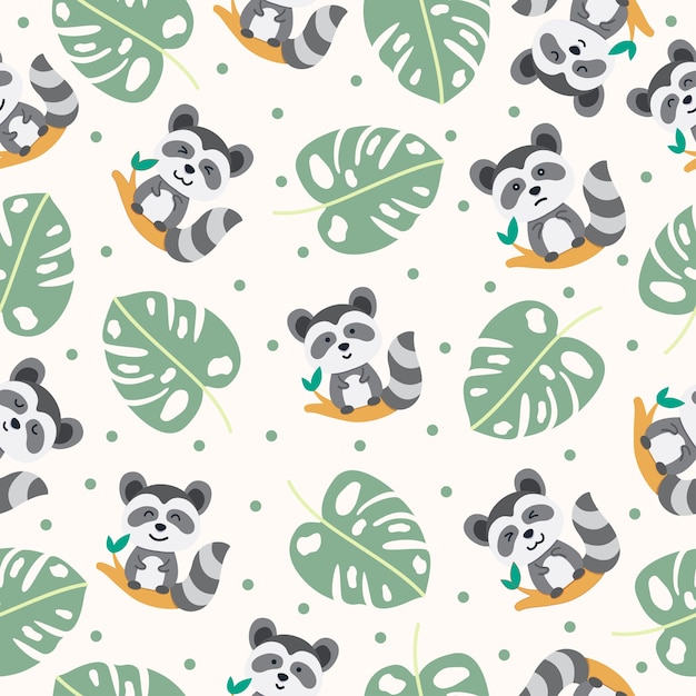 cute racoon cartoon seamless pattern in branch with mostera leaves