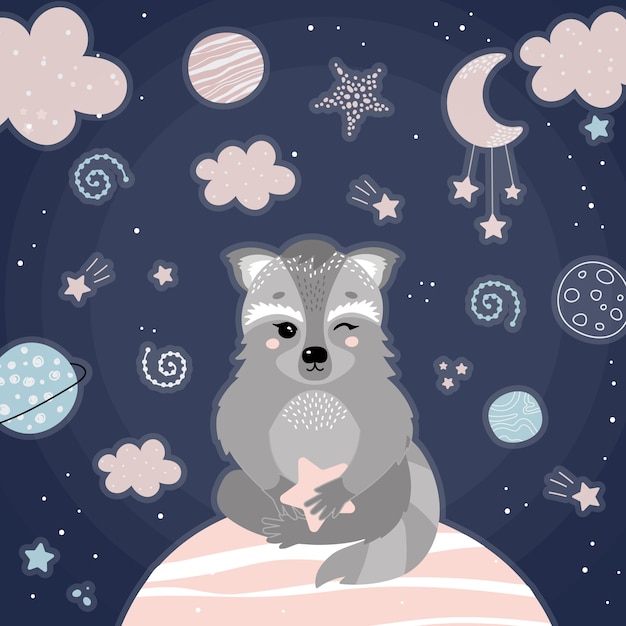 Cute racoon in night space