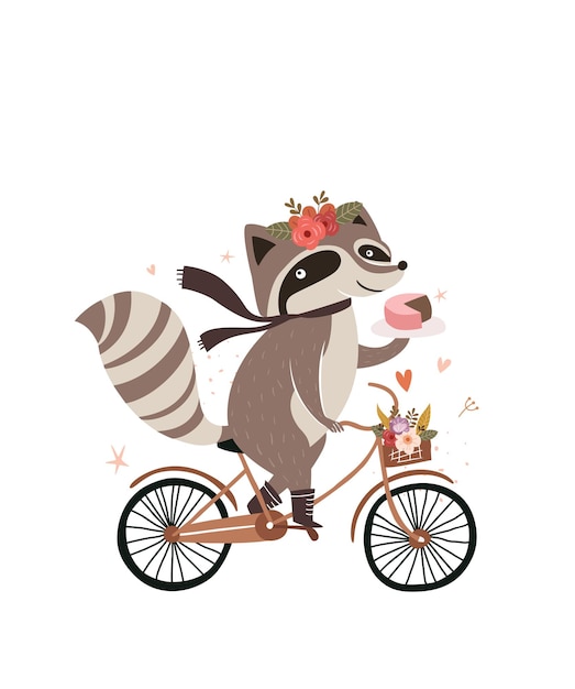 Cute racoon with vintage bicycle illustration