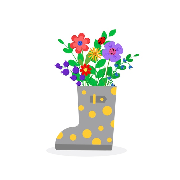 Cute rain boots with flowers Bboots with bouquets Cartoon flat style vector illustration