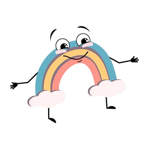 Cute rainbow character with happy emotion joyful face smile eyes arms and legs Person with funny expression and pose Vector flat illustration