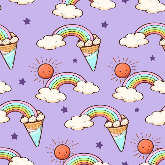 Cute rainbow ice cream cone and white star seamless pattern