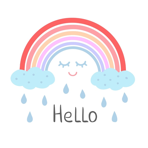 Cute rainbow and lettering hello Hand drawn illustration