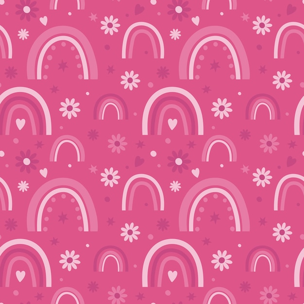 Cute rainbow with heart and flowers on pink background Vector seamless pattern