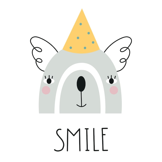 Cute rainbow with koala face and lettering SMILE. Nursery art. Vector illustration