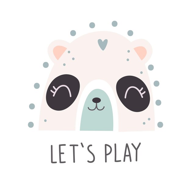 Cute rainbow with panda face and lettering LETS PLAY Nursery art Vector illustration