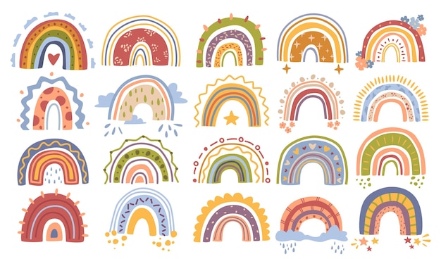 Cute rainbows with clouds rain and flowers vector