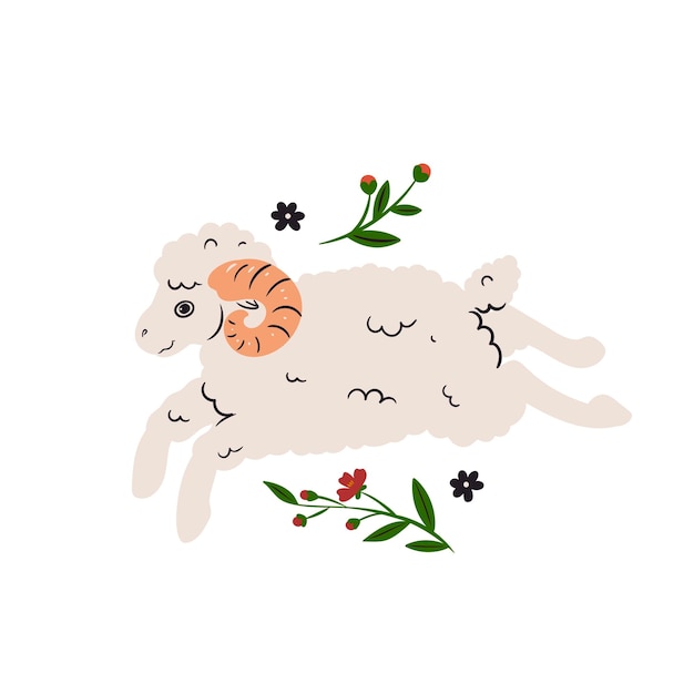 Cute ram and flowers isolated on white background Vector graphics