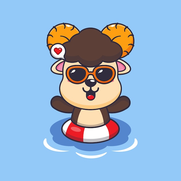 Cute ram sheep in sunglasses swimming on beach Cute summer cartoon illustration