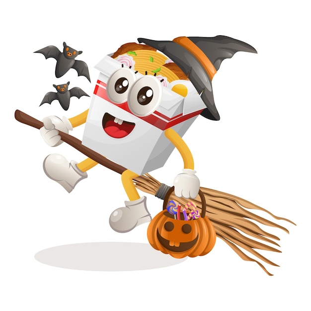 Cute ramen mascot witch with holding halloween pumpkin