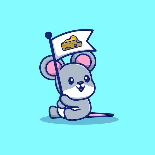 Cute Rat Mouse Hold Cheese   Icon Illustration. Animal Icon Concept Isolated    . Flat Cartoon Style