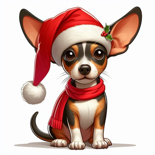 Vector cute rat terrier dog christmas santa hat vector cartoon illustration white background