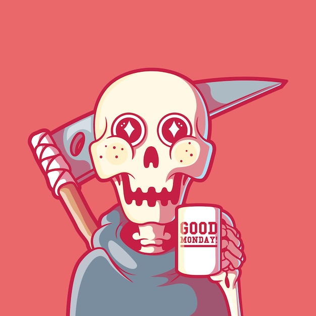 Cute Reaper drinking coffee vector illustration. Inspiration, funny, motivation design concept.