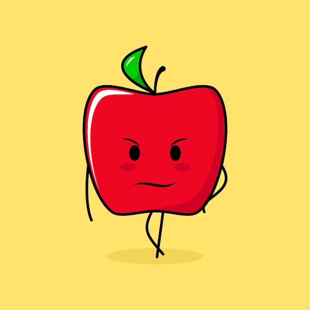 cute red apple character with cool expression. green and red. used for emoticon, logo, mascot