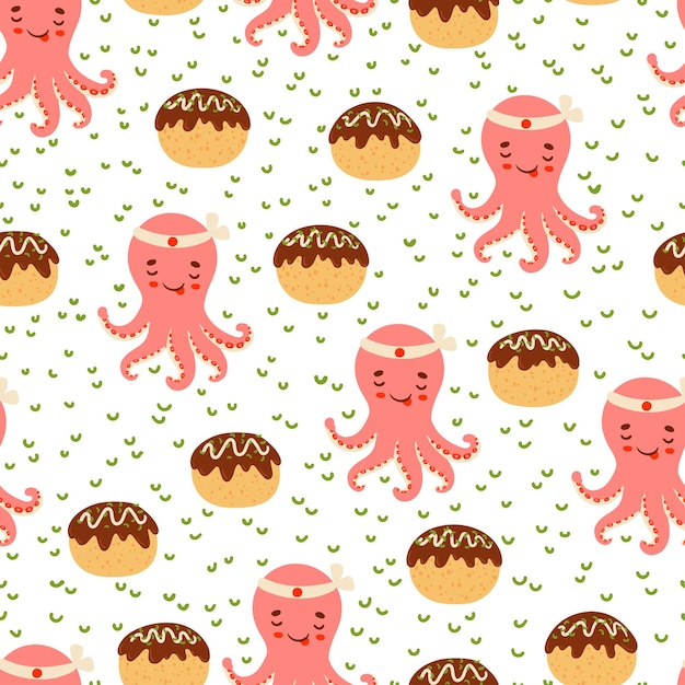 Cute red asian octopus and Takoyaki balls asian food vector seamless pattern Japanese snack texture