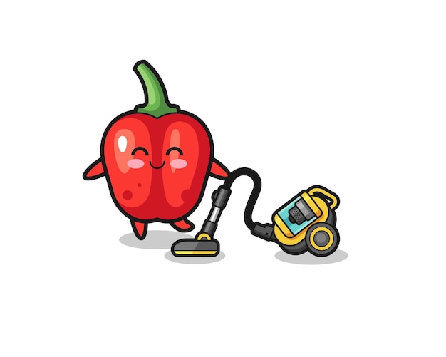 cute red bell pepper holding vacuum cleaner illustration
