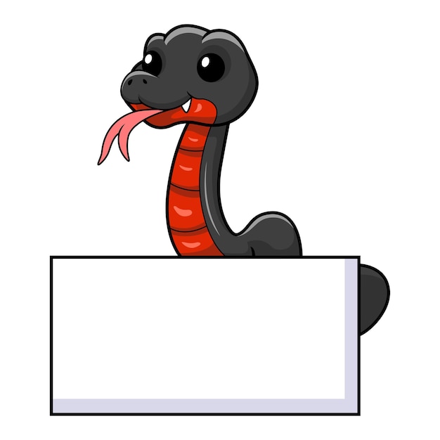 Cute red bellied black snake cartoon with blank sign