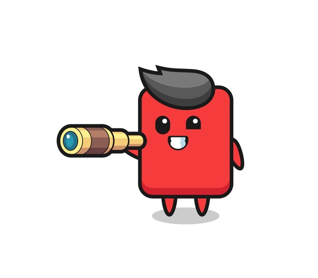 Cute red card character is holding an old telescope