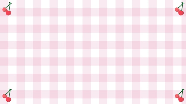 Cute red cherry on pink checkered gingham plaid pattern background perfect for wallpaper backdrop