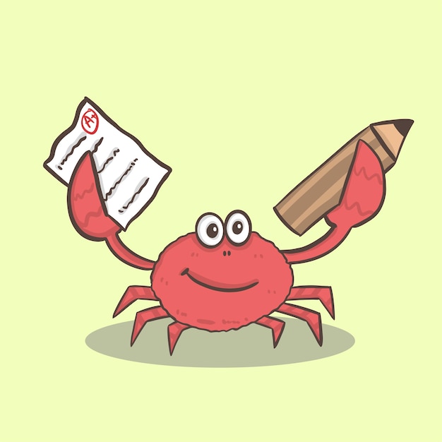 Cute red crab cartoon student animal holding pencil and paper back to school