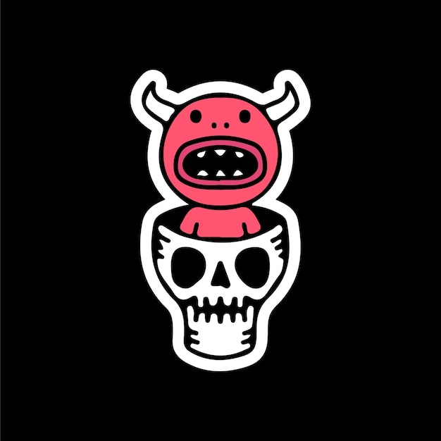 Cute red devil and skull head, illustration for t-shirt, sticker, or apparel merchandise.