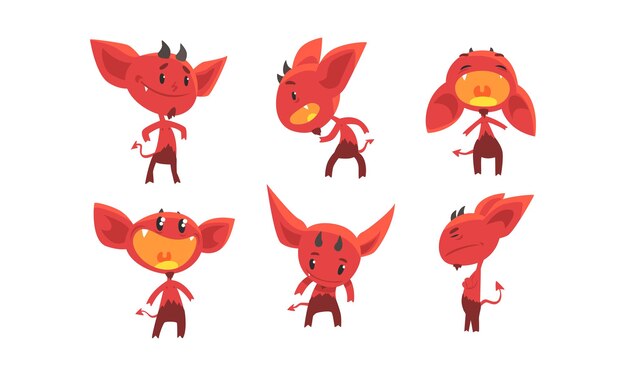 Vector cute red devil with various emotions and actions collection funny demon cartoon characters vector illustration