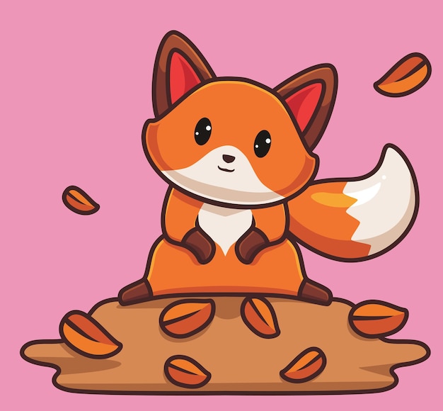 Cute red fox playing leaves cartoon animal autumn season concept Isolated illustration Flat Style