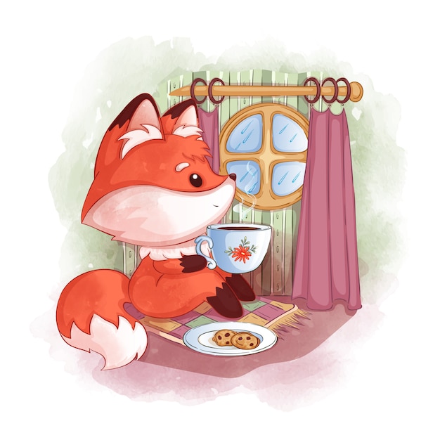 A cute red fox sits near a round window, drinks hot tea and looks at the rain.