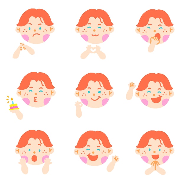 Cute Red Hair Blue Eye Boy Kids Children Different Expression Emotions Emotional Hand Doodle