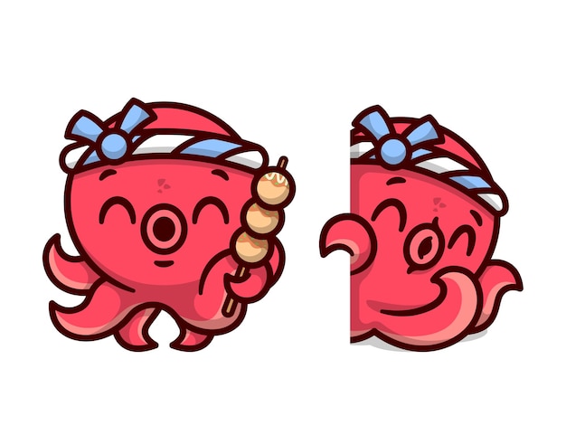 CUTE RED OCTOPUS WEARING JAPANESE HEADBAND AND BRINGING  TAKOYAKI IN TWO DESIGN OPTION HIGH QUALITY CARTOON MASCOT DESIGN