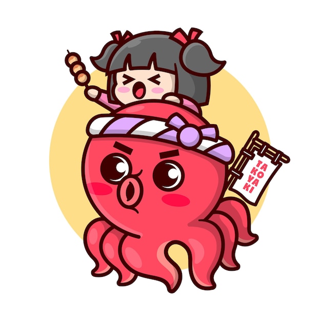 CUTE RED OCTOPUS WEARING JAPANESE HEADBAND WITH A CUTE GIRL ON HIS HEAD HIGH QUALITY CARTOON MASCOT DESIGN