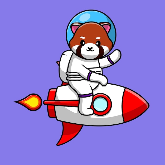 Cute Red Panda Astronaut Riding Rocket And Waving Hand Cartoon Vector Icon Illustration