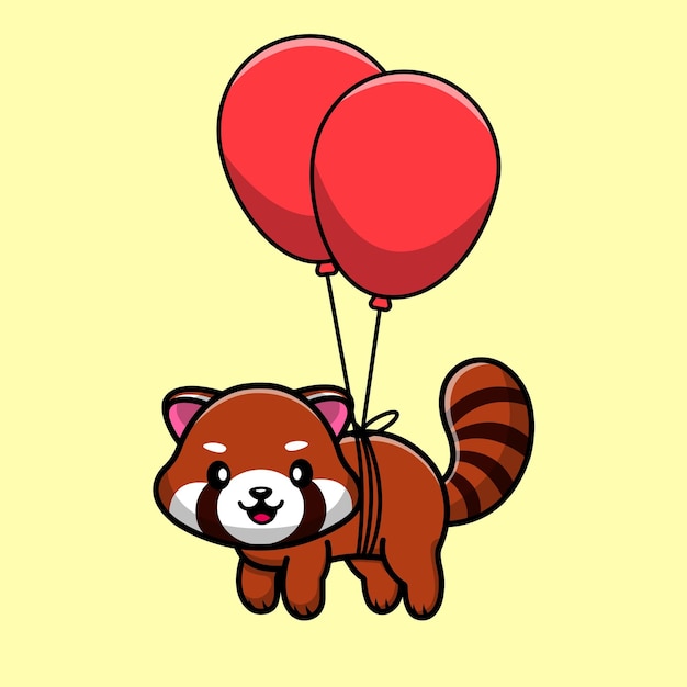 Cute Red Panda Floating With Balloon Cartoon Vector Icon Illustration