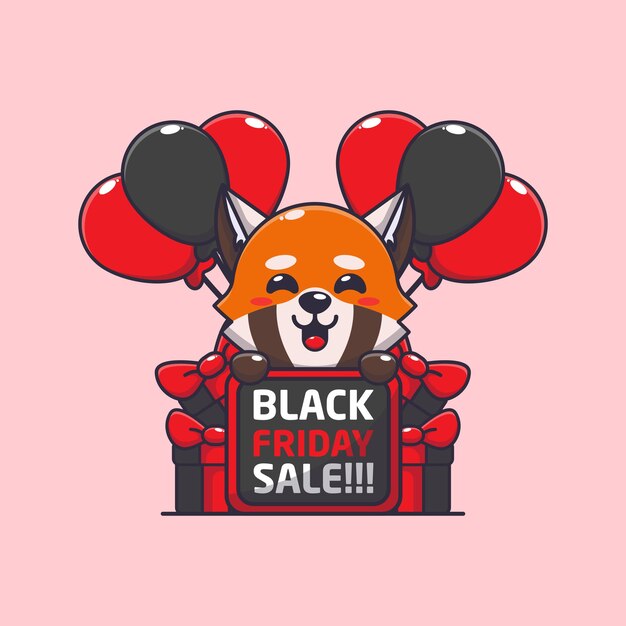 cute red panda happy in black friday sale cartoon vector illustration