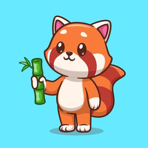 Cute Red Panda Holding Bamboo Cartoon Vector Icon Illustration Animal Nature Icon Concept Isolated