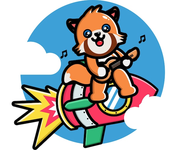 Cute red panda playing guitar on the rocket